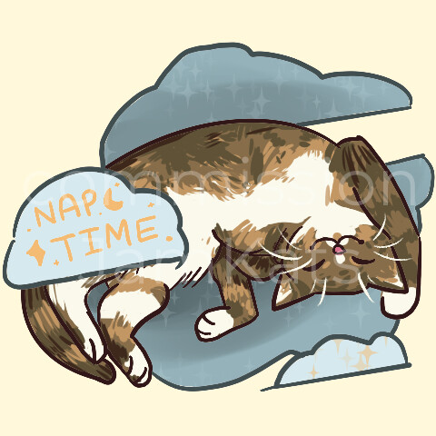 Illustration of a brown and white cat. The cat is on their back, curled in a downward-facing crescent shape. There are clouds around and over them, one with the words "Nap Time" written in a muted, dark yellow colour