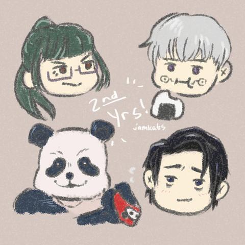 Chibi-head illustrations of four characters from Jujutsu Kaisen. From left to right, top to bottom, the characters are: Maki Zenin, Toge Inumaki, Panda, Yuuta Okkotsu
