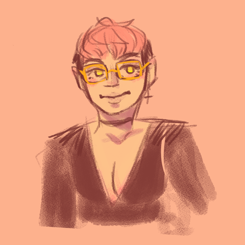 A coloured, messy sketch of a person with short hair. The hair on top is pink and reaches their eyebrows, while the sides are black. They are wearing gold glasses and a cross-shaped earring on the right ear. Their eyes are yellow and they are smirking.