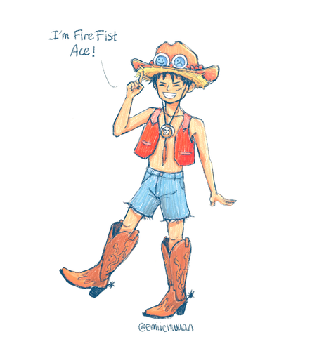 a young luffy from one piece wearing ace's orange cowboy hat and oversized cowboy boots with spurs, claiming to be fire fist ace!