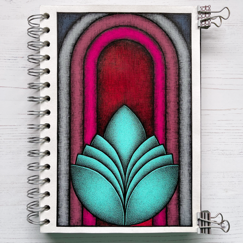 Stylised and geometric representation of a lotus flower within arches, with an art deco feel. The lotus is rendered in Teal and tone and shadow are reflected using a stippling technique. The archways are in a series of colours. The outer arch is in grey and the inner arches light plum, magenta and the inner section in deep red. Tone and shadow is reflected using cross hatching.