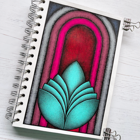 Stylised and geometric representation of a lotus flower within arches, with an art deco feel. The lotus is rendered in Teal and tone and shadow are reflected using a stippling technique. The archways are in a series of colours. The outer arch is in grey and the inner arches light plum, magenta and the inner section in deep red. Tone and shadow is reflected using cross hatching.