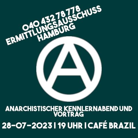 grünlicher Hintergrund, darauf ein Anarchie A in weiß samt Termin und Uhrzeit der Veranstaltung.