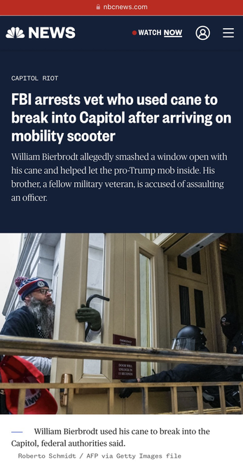 Screenshot of NBC News article about January 6th riot suspect William Marty Bierbrodt (of St. Cloud, Florida).