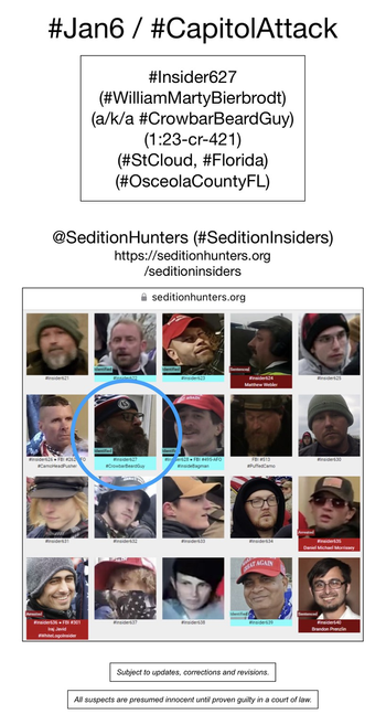 Photos of January 6th riot suspects who entered the US Capitol Building, including William Marty Bierbrodt (of St. Cloud, Florida).