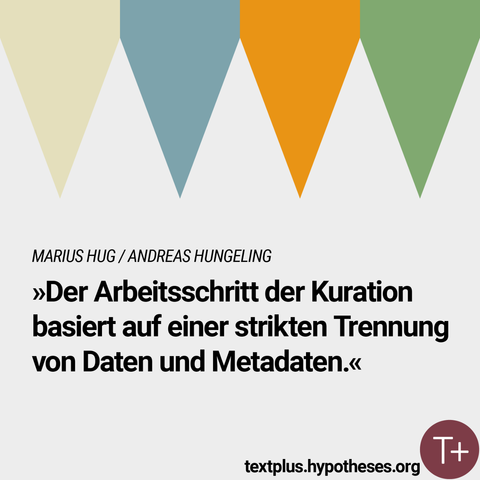 Marius Hug / Andreas Hungeling

»Der Arbeitsschritt der Kuration basiert auf einer strikten Trennung von Daten und Metadaten.« 
textplus.hypotheses.org
