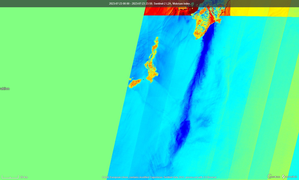 Dark blue satellite signature where smoke is wafted from Rhodes, Greece over open ocean.