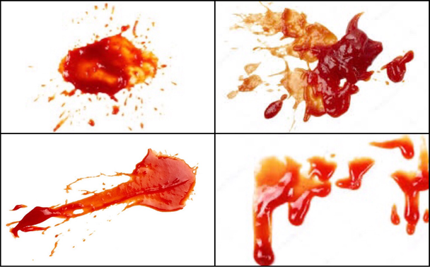 Photos: Four pictures of ketchup splatters on white walls.