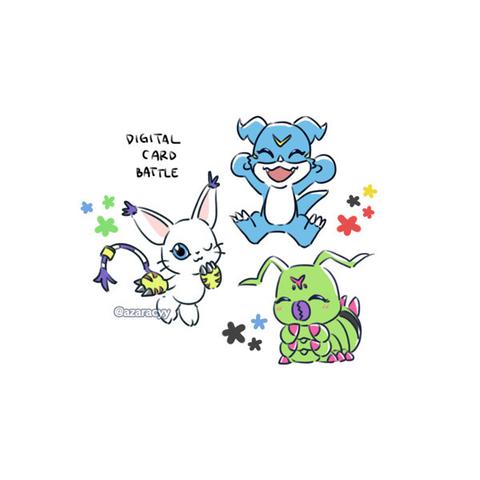 a chibi art of v-mon, wormmon, and tailmon with small simple flowers in colors indicating the element of theirs and their respective armor evolutions in digimon: digital card battle PSX game