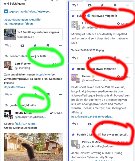 Screenshot mit 2 Spalten aus der Mastodon GUI, in der rechten Spalte sind Einträge rot markiert die ich nicht sehen will. Wie kann ich die abschalten?