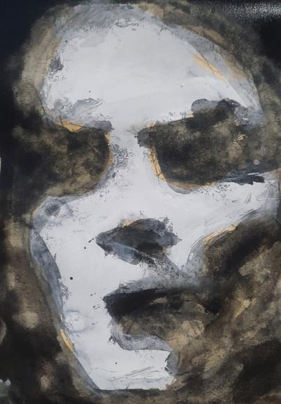 Woman's face in black and white, gouache and ink, a little ghostly