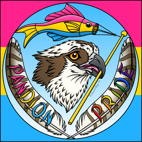 Digital art of an osprey holding a fish-shaped windsock on a flagpole in pansexual Pride colors, with a pan flag in the background, and two osprey feathers crossed, with the words "PANDION PRIDE" on them.