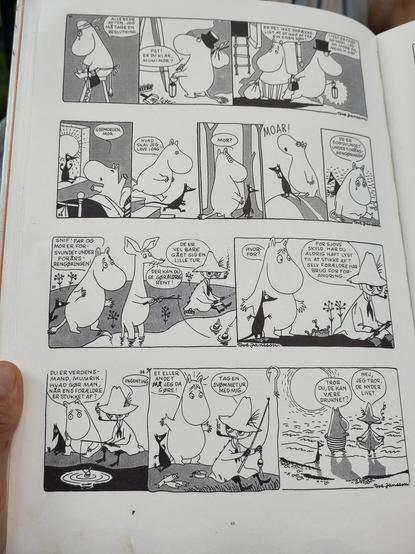 An A4 page of moomin cartoons in black and white. (In Danish).