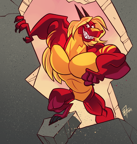 Crimson dragon charging, smashing through a concrete wall. And loving every second of it