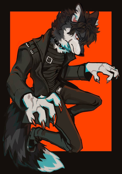 A digital painting of an anthro wolf with grey and white fur. He is wearing black clothes with an alternative feel. He has sharp claws, a determined expression, and healed scars on his hands.