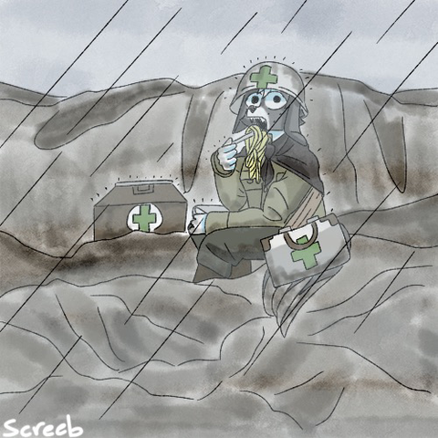 The Colonial combat medic is seen eating a tin of noodles during an aggressive offensive.