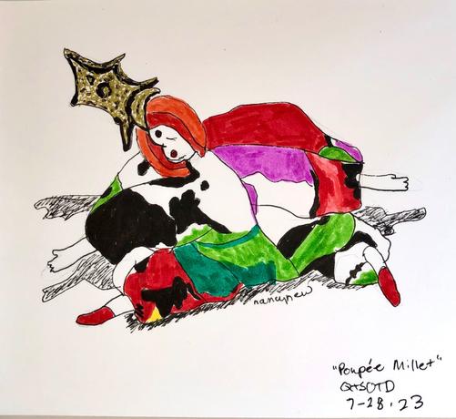 Sketch of soft, floppy doll with big star-shaped hat. Costume is brightly colored with abstract pattern.