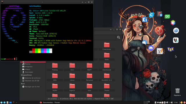 Escritorio xfce en debian trixie mostrando salida de neofetch, thunar y gnome-pie
