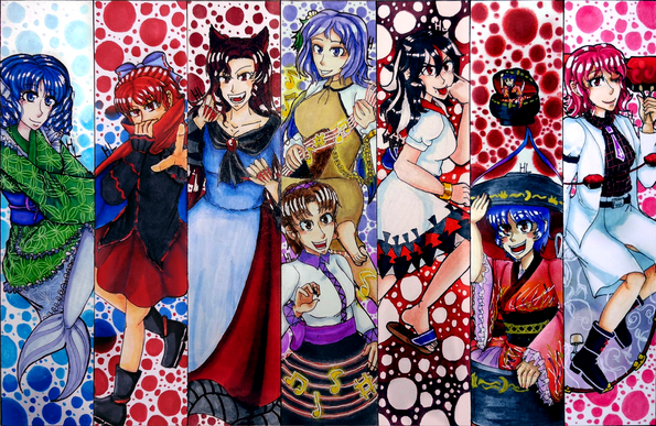 Touhou DDC character spread made on paper and painted with markers, it features every new character who appears ingame separated by boxes.
From left to right:
Wakasagihime, Sekibanki, Imaizumi Kagero, on the top Tsukumo Benben and on the bottom Tsukumo Yatsuhashi, Kijin Seija, Sukuna Shinmyoumaru both in her kobito form and her face zoomed in, and lastly Horikawa Raiko.