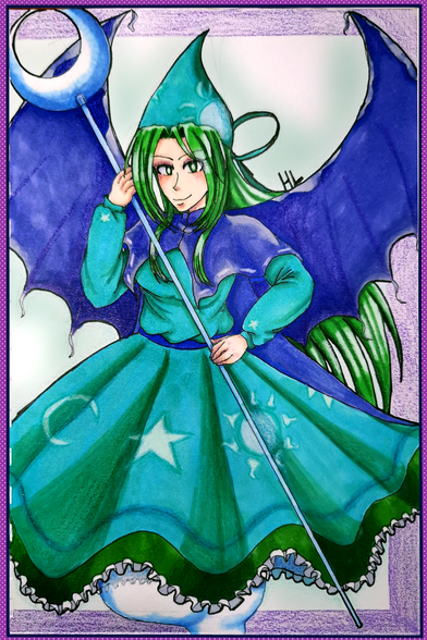 Fanart of Mima from Touhou Project, drawn on paper and painted with markers and color pencils. Her background was partially made with markers and with tools from CSP, on digital.