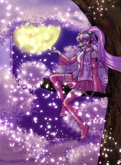 Digital drawing of Sakura Miku on a cherryblossom tree, iluminated by the moon light. Multiple cherryblossom petals are flying around her, and some even almost falling into her hand.