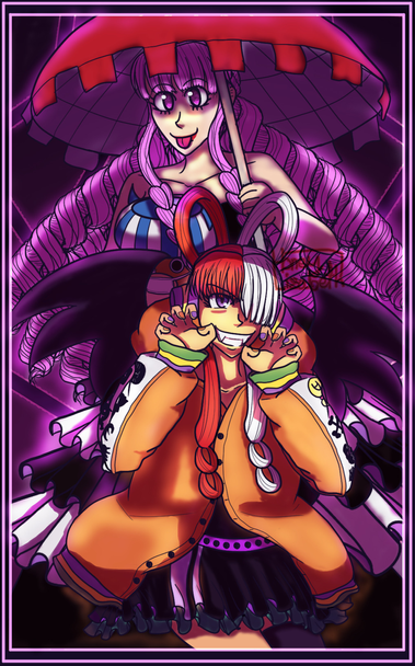 Digital fanart I did for last year's halloween featuring Uta and Perona from One Piece. Perona looks as her timeskip self and Uta has her halloween outfit.