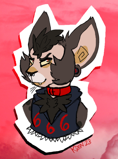 a lykoi cat wearing a red collar, black studs with a red inverted cross, and a black ripped croptop with red "666" iconography over a red cloudy photo background.