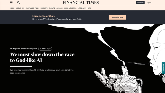 Article from the Financial Times, from April 2023: "We must slow down the race to God-like AI" by Ian Hinton. The illustration shows a robot blowing out a candle.
