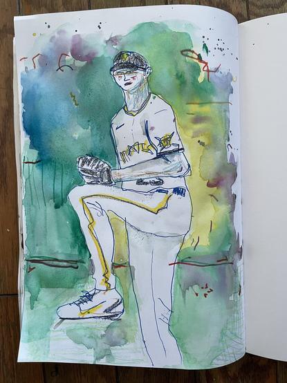 Watercolor sketch of a baseball pitcher. He has on a white and gold uniform with a black hat. The background is an abstract green representing the grass and the wall in the outfield.