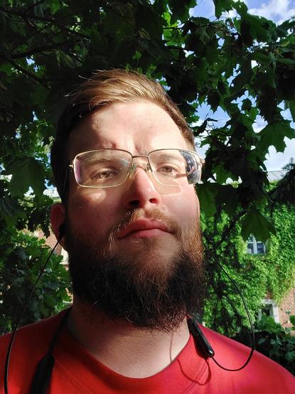 Ja ich halt.
Wie kann man des etz beschreiben?

Sonne scheint in das Gesicht von nem weissen male dude.
Trägt ne Brille, rotes Shirt.
Portrait Shot.
Grosse Stirn, braune Augen, Braune Haare und n zuemlichen Bart. Sonne fällt ins Gesicht, deswegen leuchten die Augen auf.

Hintergrund sehr viel Blätter. Auch im Hintergrund rechts ne Ziegelfarbenes Gebäude mit Ranken um ein Fenster.