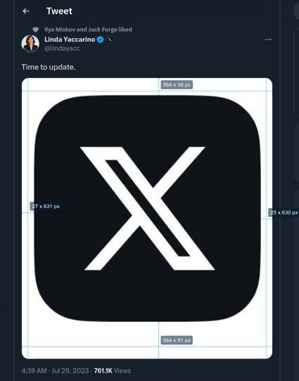A screenshot of Linda's tweet "Time to update" that shows unsymmetrical white space around the X app icon.