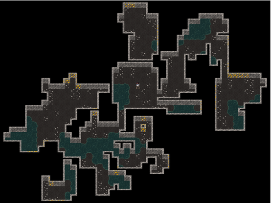 A screenshot showcasing a WIP new area in Shattered Pixel Dungeon. The level is notably less 'structured' than a regular one, with a lack of doors and rectancle-shaped rooms.
