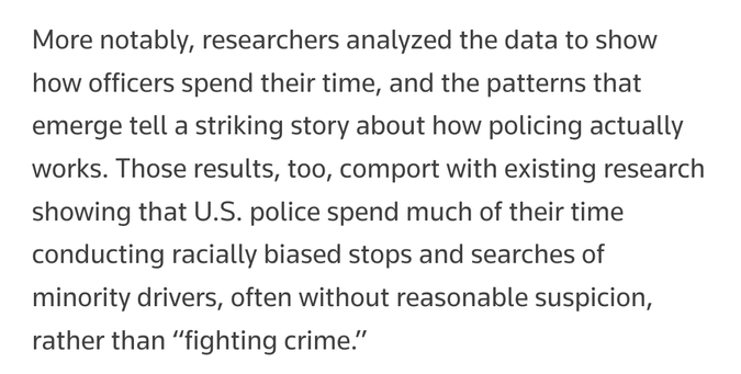 More notably, researchers analyzed the data to show how officers spend their time, and the patterns that emerge tell a striking story about how policing actually works. Those results, too, comport with existing research showing that U.S. police spend much of their time conducting racially biased stops and searches of minority drivers, often without reasonable suspicion, rather than “fighting crime.”