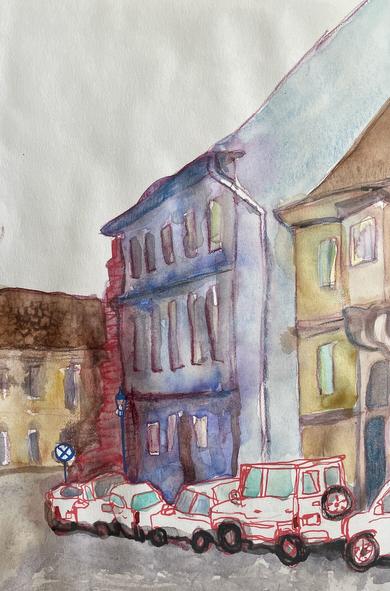 Watercolor sketch of a carlined street. There is 1 blue and 2 yellow 2-story buildings