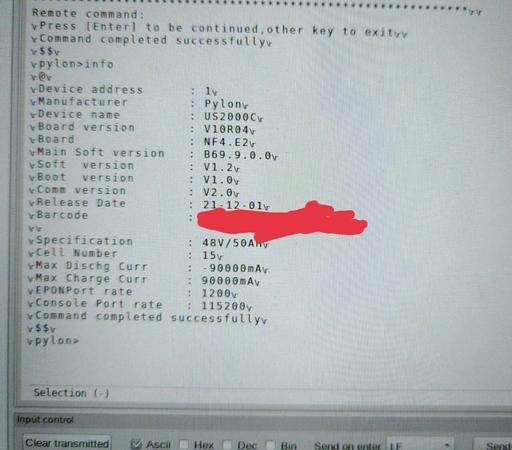 rs232 console port info output of pylontech us2000c battery listing software versions and technical parameters