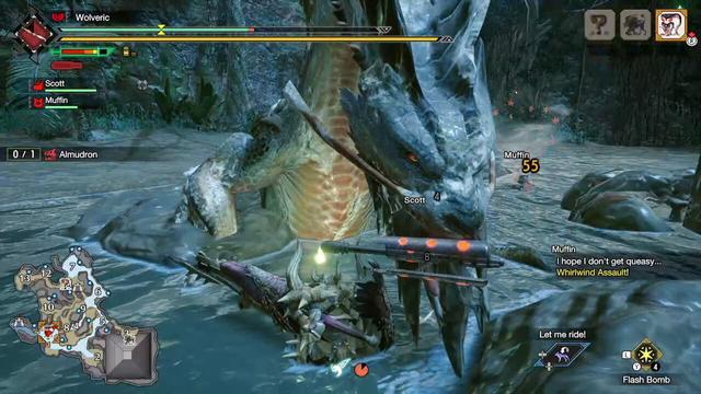 A screenshot from the videogame, Monster Hunter Rise, showing a fight with an Almudron, a large, catfish like leviathan, with whiskers and beard-like appendices extruding from its face.

It is shown with a large stake driven through these appendices, above the monster's lip, emulating a mustache.
