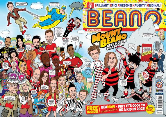 This week's cover art features a montage of celebrities and Beano characters on one side; on the other, some of the most popular celebs (Harry Styles, Lewis Capaldi, Adele) share space with Dennis the Menace and Minnie the Minx in their red-and-black striped jumpers.