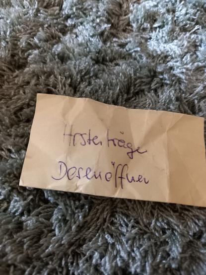 Auf Teppich liegender Einkaufszettel mit Aufschrift: Hostenträger,  Dosenöffner