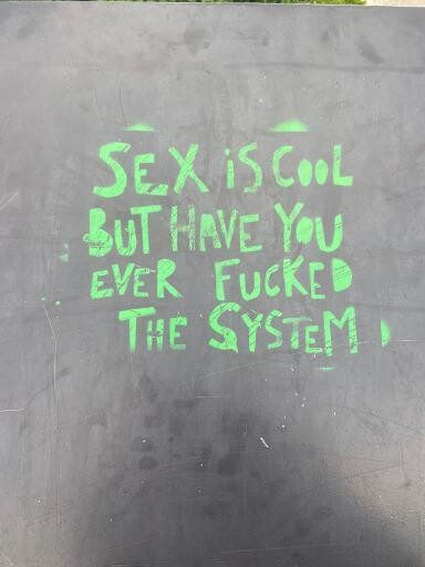 Green stencil on the ground that says "Sex is cool but have you ever fucked the system"