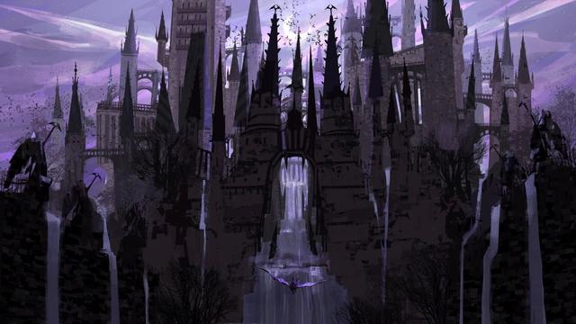 A large vampire castle and its many turrets, under a purple night