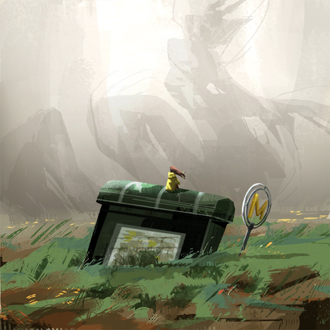 A young girl in a yellow coat, sitting on a Parisian kiosk, buried in the ground. In the background, hidden in the fog, a giant creatrue with a fish tail.