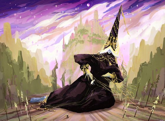A giant princess about to eat a white horse. In the foreground a miniature female knight. In the background a medieval castle and a starry sky.