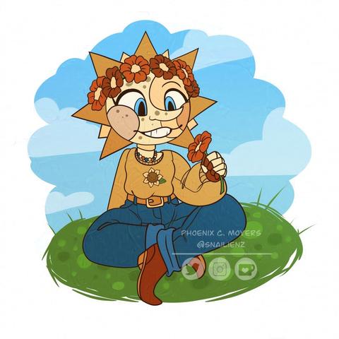 sundrop from fnaf wearing a cozy little outfit with a sunflower sweater, jeans, and red boots. hes sitting in the grass and wearing a flower crown.