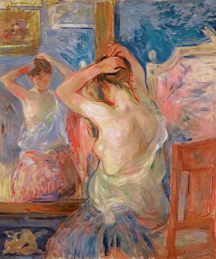 berthe morisot : devant le psyché 

peinture impressionnisme aux tons doux et pastels (beige, bleu, rose, marron) montrant une femme à demi habillée façon 18e recoiffant ses chveux bruns