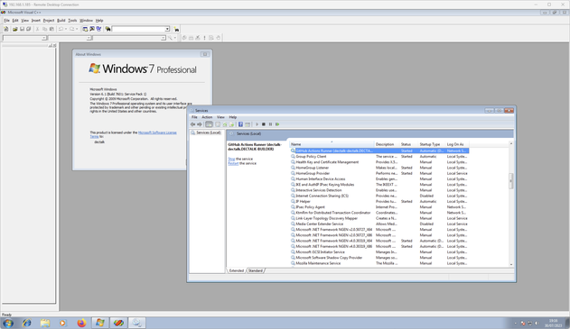 A screenshot of the Windows 7 desktop inside a Windows 10 Remote Desktop Connection window.

You can see "winver.exe", "services.msc" and "Visual Studio 6".

"winver.exe" shows Windows 7 Professional licenced for "dectalk".

"services.msc" has the GitHub Actions Runner highlighted

"Visual Studio 6" is empty and not doing anything