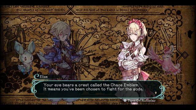 Cyan to the left and Elise to the right. "Your eye bears a crest called the Chaos Emblem. It means you have been chosen to fight for the gods."
