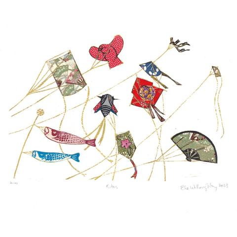 My 14” x 11” multimedia print with my linocut print in gold ink on watercolour paper of a collection of flying kites (rectangular, diamond, fan-shaped, pentagon and bird-shaped) with two koï windsocks in blue and red. Each kite is collaged with patterned or coloured washi paper.