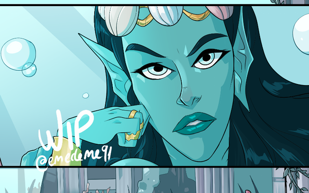 Work in progress on my greek mythology-inspired comic (The Time Wars). It's a panel featuring a young beautiful nereid wearing jewelry and a crown. She's not amused!