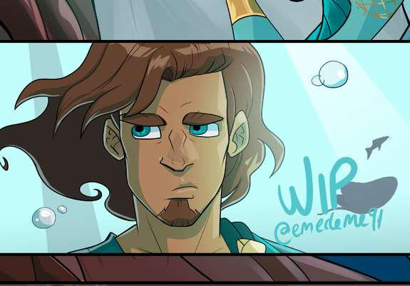 Work in progress on my greek mythology-inspired comic (The Time Wars). It's a panel featuring a young god, Poteidas, pouting because he's been humiliated on camera. Nice going!