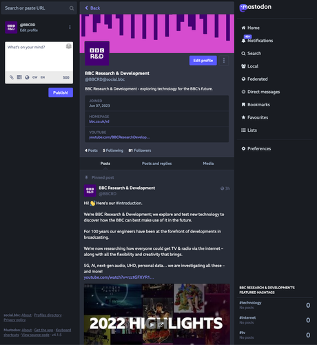 Screenshot of the BBC R&D Mastodon account.